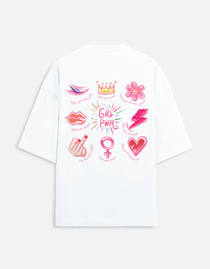 GRL PWR Back Print Oversized T-Shirt for Women | Heavyweight French Terry Cotton | 280 GSM Statement Graphic Tee