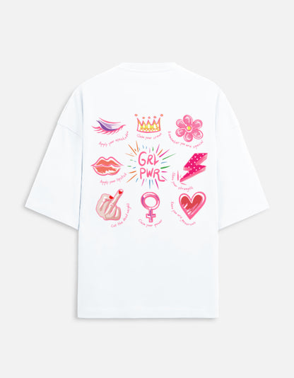GRL PWR Back Print Oversized T-Shirt for Women | Heavyweight French Terry Cotton | 280 GSM Statement Graphic Tee