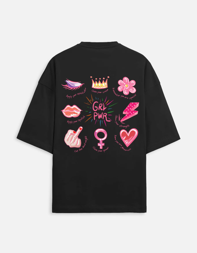 GRL PWR Back Print Oversized T-Shirt for Women | Heavyweight French Terry Cotton | 280 GSM Statement Graphic Tee