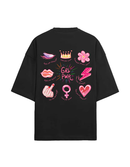 GRL PWR Back Print Oversized T-Shirt for Women | Heavyweight French Terry Cotton | 280 GSM Statement Graphic Tee