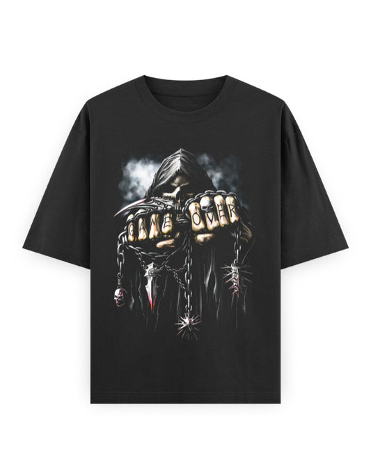 Color_Black Game Over Oversized Tee | Grim Reaper Graphic Streetwear T-Shirt | Unisex Heavyweight 240 GSM 100% Cotton