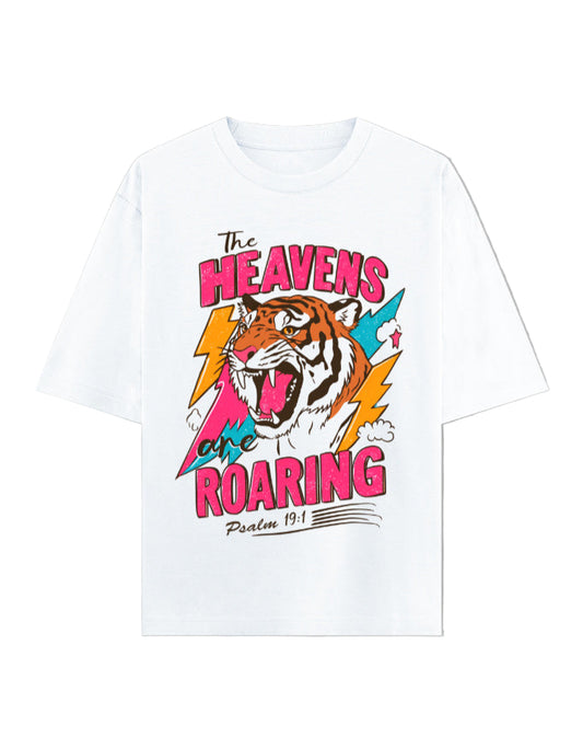 Heavens Are Roaring Tiger Graphic Oversized T-Shirt | 240 GSM 100% Cotton Unisex Streetwear Tee | Bold Christian Verse Psalm 19:1 Tee | Gen Z Aesthetic Printed T-Shirt India
