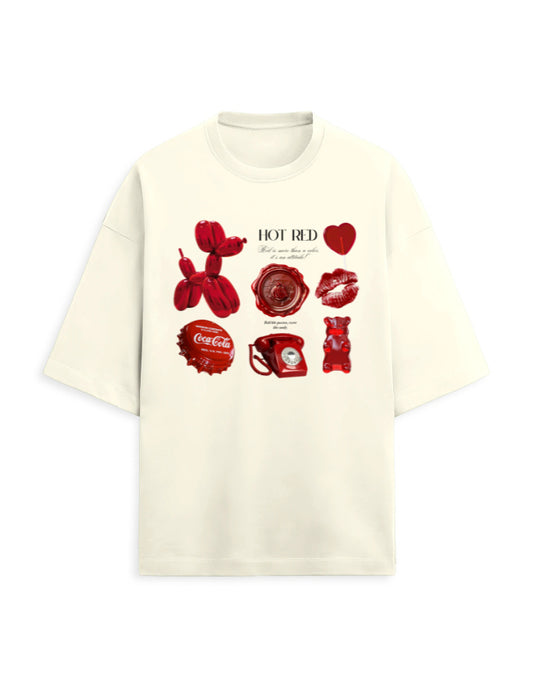 Color_OffWhite Hot Red Oversized Unisex French Terry T-Shirt (260 GSM) | Retro Vintage Graphic Streetwear Tee by Frolic Saga