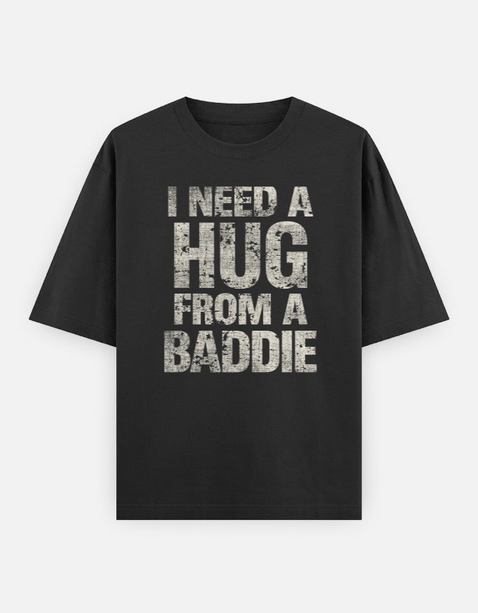 Black t-shirt with white graphic design and text on a white background