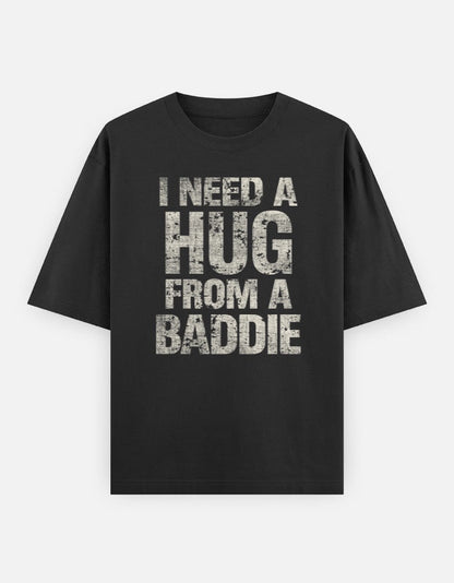 Black t-shirt with white graphic design and text on a white background