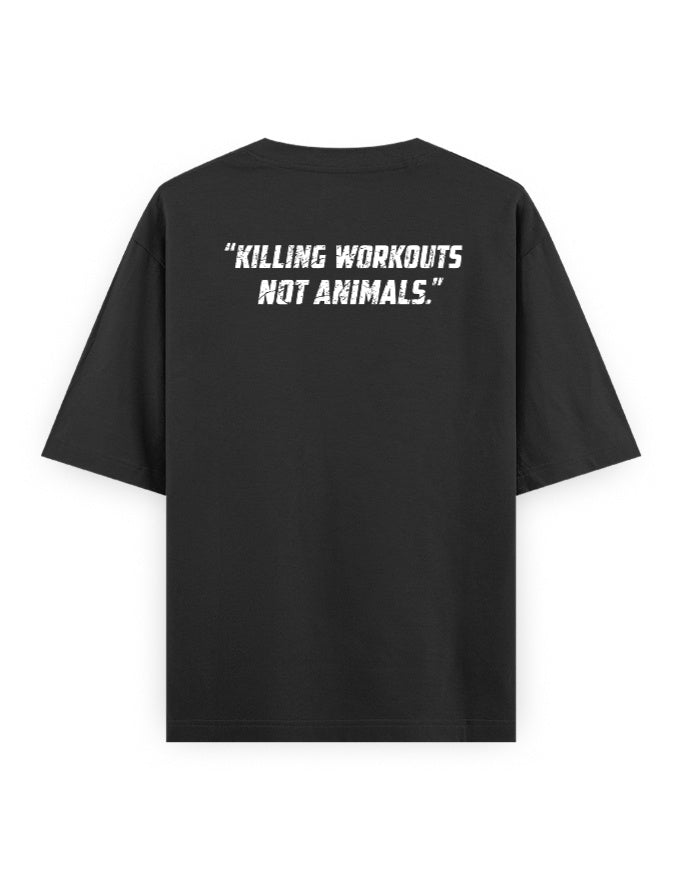 Black t-shirt with text 'Killing workouts not animals' on the back against a white background