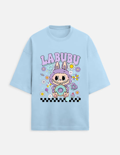 Labubu t-shirt India, 280 GSM oversized tee, pastel aesthetic t-shirt, French Terry unisex tee, Gen Z fashion, kawaii print t-shirt, quirky aesthetic tee, donut print tee, softcore streetwear.