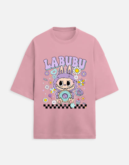 Labubu t-shirt India, 280 GSM oversized tee, pastel aesthetic t-shirt, French Terry unisex tee, Gen Z fashion, kawaii print t-shirt, quirky aesthetic tee, donut print tee, softcore streetwear.