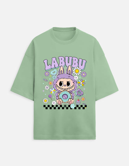 Labubu t-shirt India, 280 GSM oversized tee, pastel aesthetic t-shirt, French Terry unisex tee, Gen Z fashion, kawaii print t-shirt, quirky aesthetic tee, donut print tee, softcore streetwear.