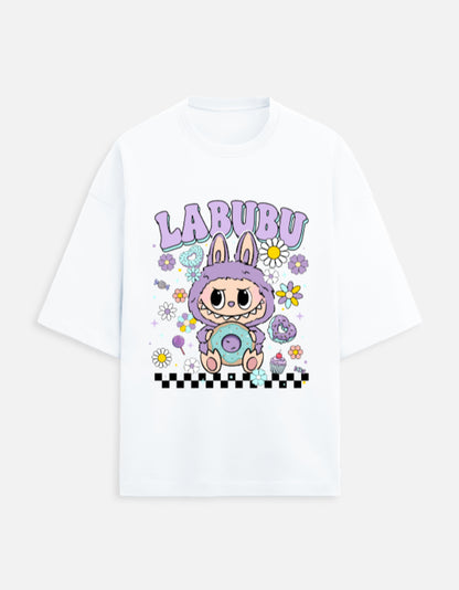 Labubu t-shirt India, 280 GSM oversized tee, pastel aesthetic t-shirt, French Terry unisex tee, Gen Z fashion, kawaii print t-shirt, quirky aesthetic tee, donut print tee, softcore streetwear.