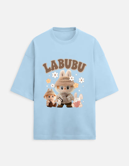 Labubu oversized tee, 280 GSM heavy cotton t-shirt, unisex quirky t-shirt, French Terry Gen Z fashion, aesthetic graphic tee India, plushcore tee, Labubu explorer shirt, oversized green t-shirt, cute character printed tee, softcore desi drip.