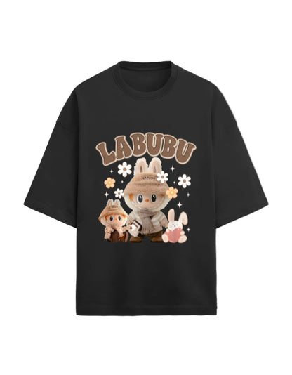 Labubu oversized tee, 280 GSM heavy cotton t-shirt, unisex quirky t-shirt, French Terry Gen Z fashion, aesthetic graphic tee India, plushcore tee, Labubu explorer shirt, oversized green t-shirt, cute character printed tee, softcore desi drip.
