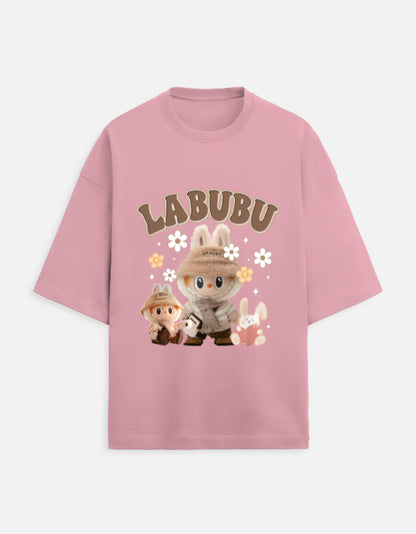 Labubu oversized tee, 280 GSM heavy cotton t-shirt, unisex quirky t-shirt, French Terry Gen Z fashion, aesthetic graphic tee India, plushcore tee, Labubu explorer shirt, oversized green t-shirt, cute character printed tee, softcore desi drip.