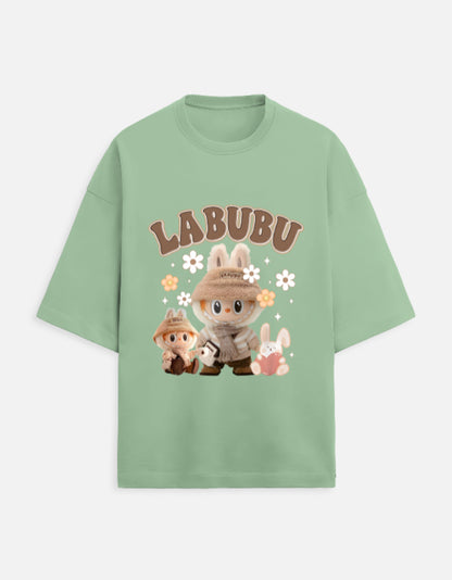 Labubu oversized tee, 280 GSM heavy cotton t-shirt, unisex quirky t-shirt, French Terry Gen Z fashion, aesthetic graphic tee India, plushcore tee, Labubu explorer shirt, oversized green t-shirt, cute character printed tee, softcore desi drip.