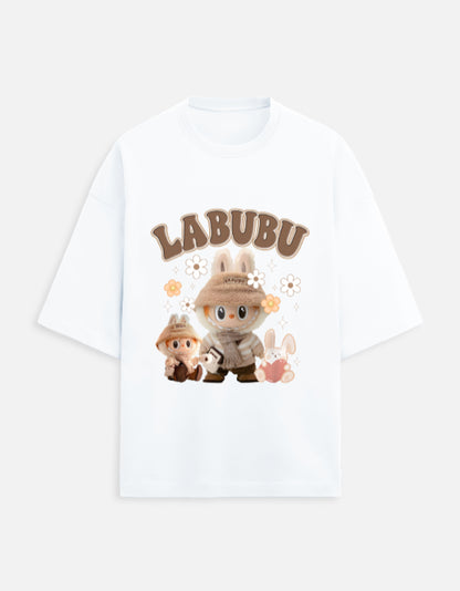 Labubu oversized tee, 280 GSM heavy cotton t-shirt, unisex quirky t-shirt, French Terry Gen Z fashion, aesthetic graphic tee India, plushcore tee, Labubu explorer shirt, oversized green t-shirt, cute character printed tee, softcore desi drip.