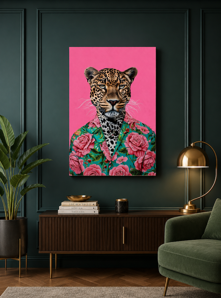 Framed artwork of a leopard with floral pattern on a pink background in a living room setting.