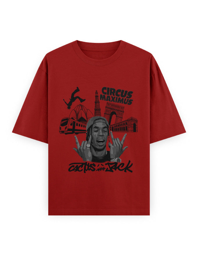 Red t-shirt with black graphic design on a white background