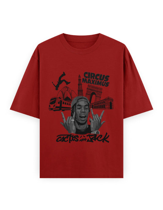 Red t-shirt with black graphic design on a white background