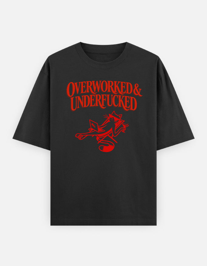 Black t-shirt with red text and graphic on a white background