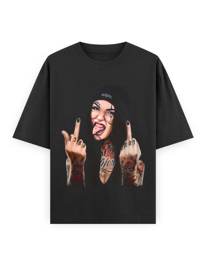 Shop the Rebel Attitude Oversized Tee – premium 240 GSM heavyweight 100% cotton, bold tattoo-art graphic, unisex streetwear oversized fit.