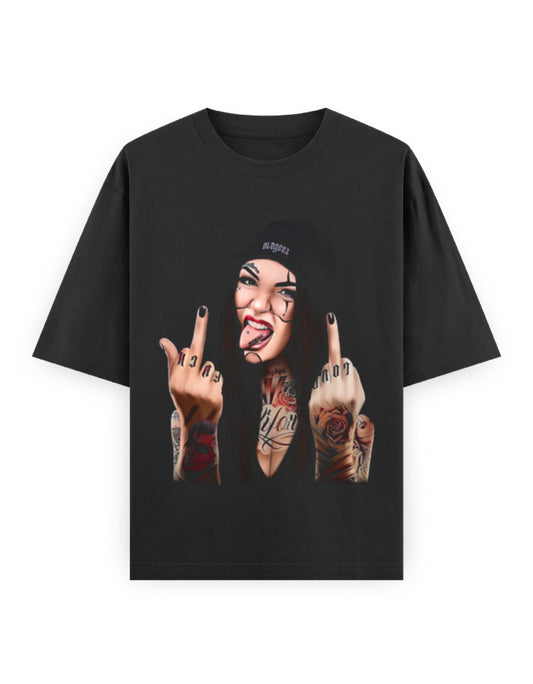 Shop the Rebel Attitude Oversized Tee – premium 240 GSM heavyweight 100% cotton, bold tattoo-art graphic, unisex streetwear oversized fit.