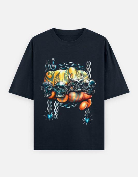 Color_NavyBlue Skull Fist Oversized Tee | Hardcore Graphic Streetwear T-Shirt | Unisex Heavyweight 240 GSM 100% Cotton