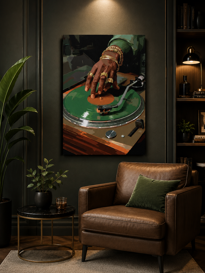 Canvas print of a hand on a turntable in a living room setting with a brown leather armchair and plants.
