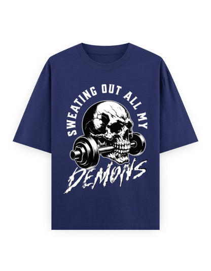 Royal blue t-shirt with a skull and barbell graphic and text on a white background