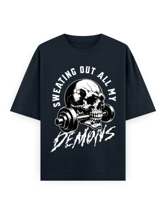 navy blue t-shirt with a skull and barbell graphic and text 'Sweating Out All My Demons' on a white background.