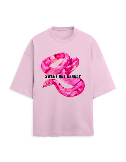 Color_LightBabyPink Sweet But Deadly Graphic Oversized T-Shirt for Men & Women | Pink Snake Print | Unisex French Terry Tee 260 GSM