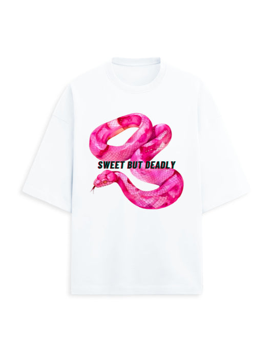 Color_White Sweet But Deadly Graphic Oversized T-Shirt for Men & Women | Pink Snake Print | Unisex French Terry Tee 260 GSM