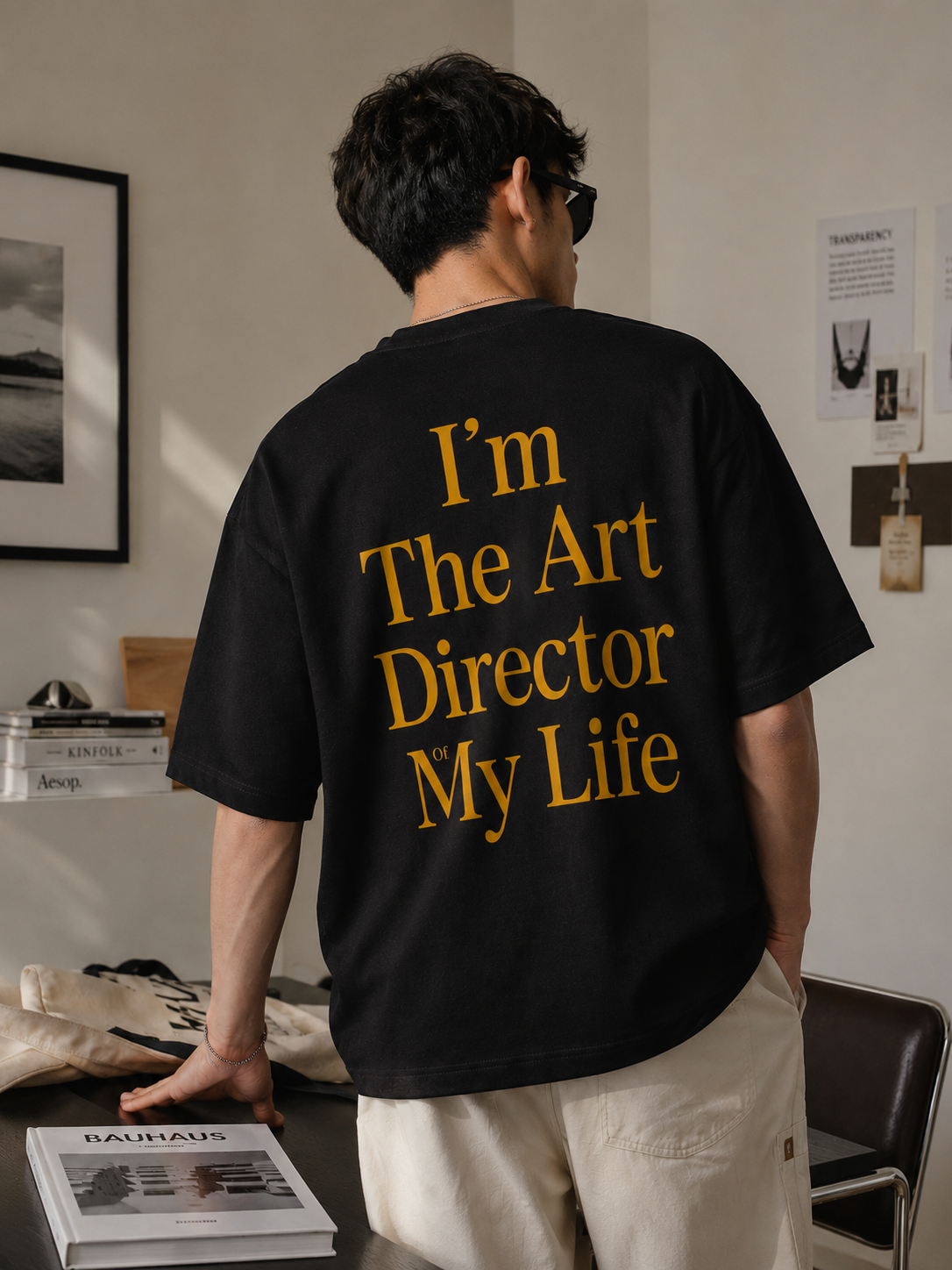 Back view of a black oversized t-shirt featuring large yellow text reading I'm The Art Director Of My Life.