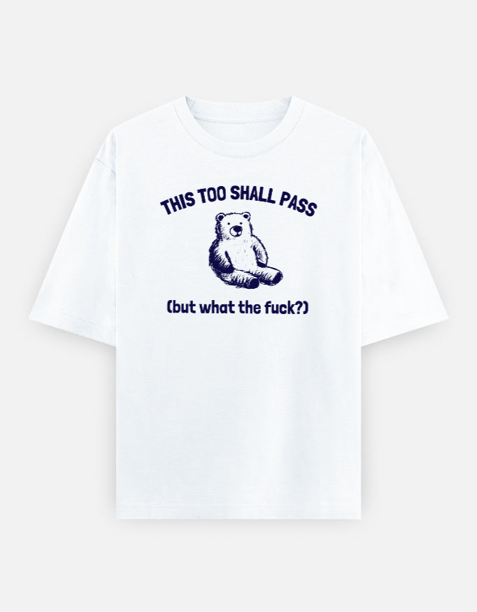 White t-shirt with a graphic of a bear and text on a white background