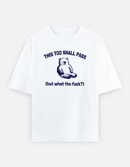 White t-shirt with a graphic of a bear and text on a white background