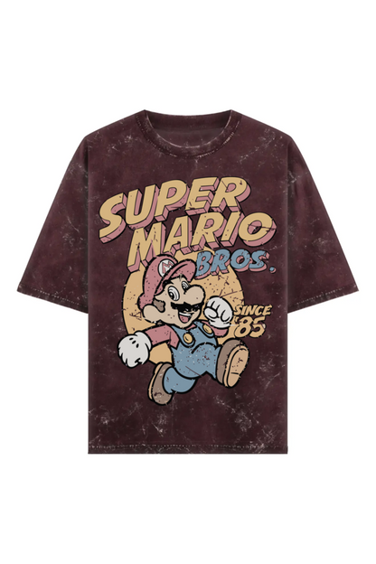 Unisex acid washed maroon oversized T-shirt with vintage Super Mario Bros graphic and “Since ‘85” text, made from 240 GSM 100% cotton
