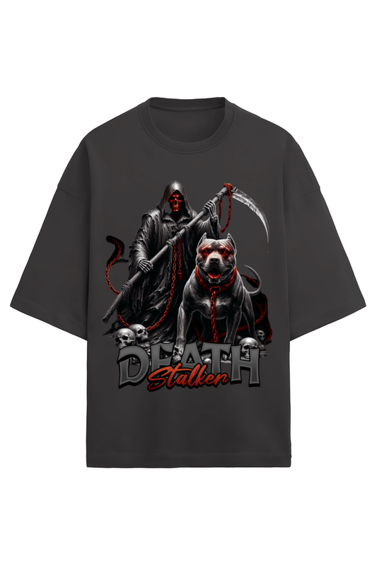 Death Stalker oversized black t-shirt with grim reaper and pitbull graphic – 240 GSM unisex cotton tee