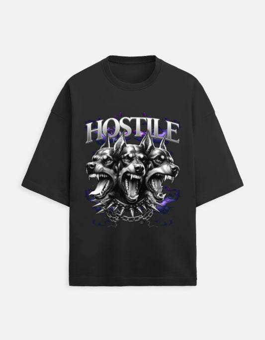 Hostile graphic oversized tee with three-headed Cerberus dog print – unisex 280 GSM French Terry gothic streetwear t-shirt