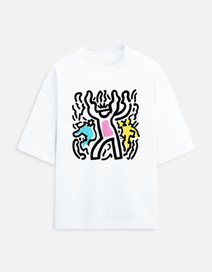 White t-shirt with a colorful graphic design on a white background