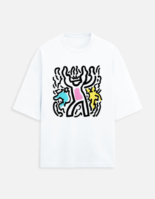 White t-shirt with a colorful graphic design on a white background