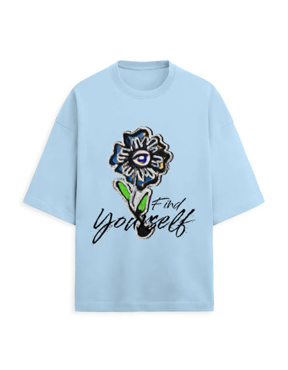 Color_BabyBlue Unisex Oversized T-Shirt | Find Yourself Eye Flower Graphic Print | 260 GSM Heavyweight French Terry Streetwear Tee | Sky Blue