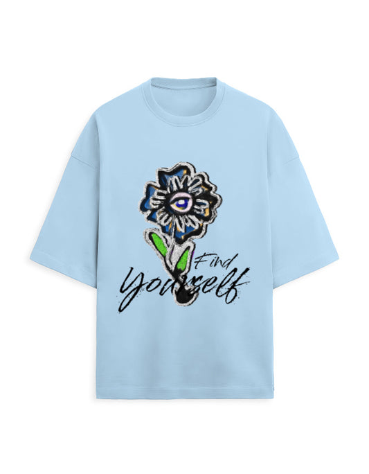 Color_BabyBlue Unisex Oversized T-Shirt | Find Yourself Eye Flower Graphic Print | 260 GSM Heavyweight French Terry Streetwear Tee | Sky Blue