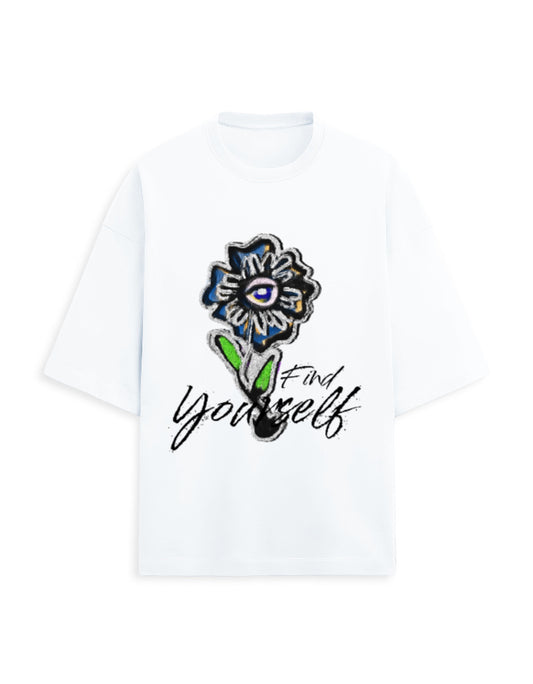 Color_White Unisex Oversized T-Shirt | Find Yourself Eye Flower Graphic Print | 260 GSM Heavyweight French Terry Streetwear Tee |