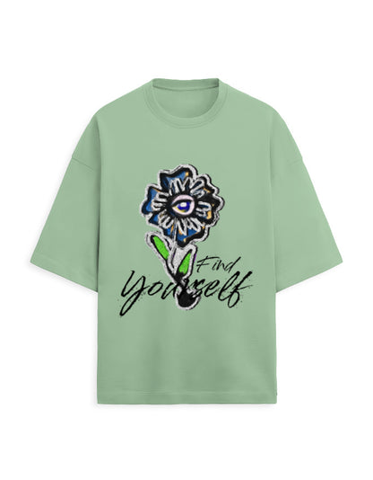 Color_Jade , jade green Unisex Oversized T-Shirt | Find Yourself Eye Flower Graphic Print | 260 GSM Heavyweight French Terry Streetwear Tee | Sky Blue