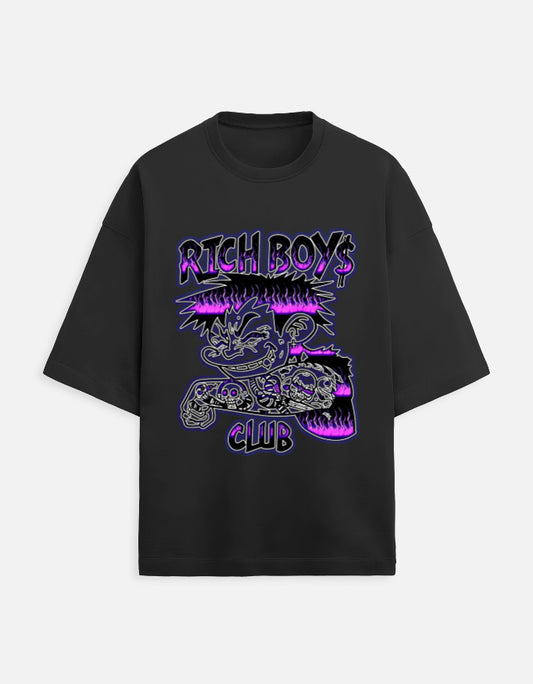 Black t-shirt with 'Rich Boys Club' graphic design on a white background