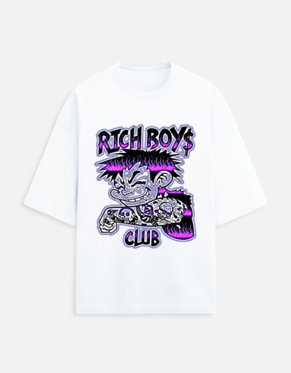 White t-shirt with 'Rich Boys Club' graphic design featuring a cartoon character and text.