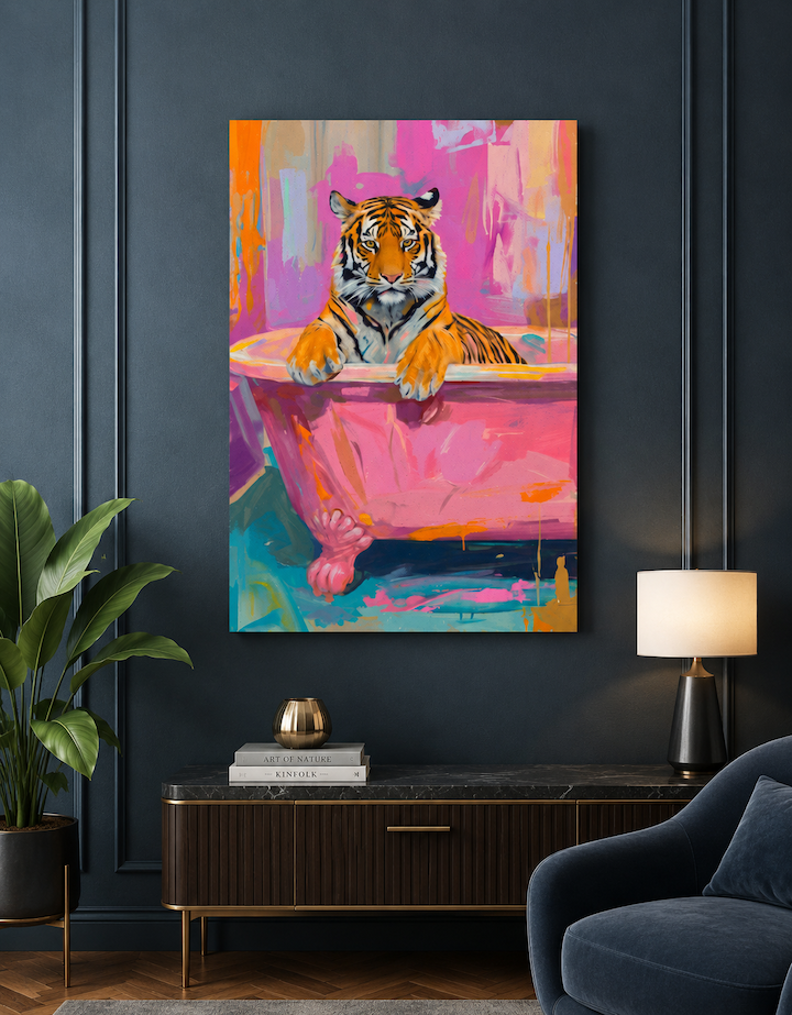 Colorful painting of a tiger in a bathtub on a dark wall above a wooden cabinet.