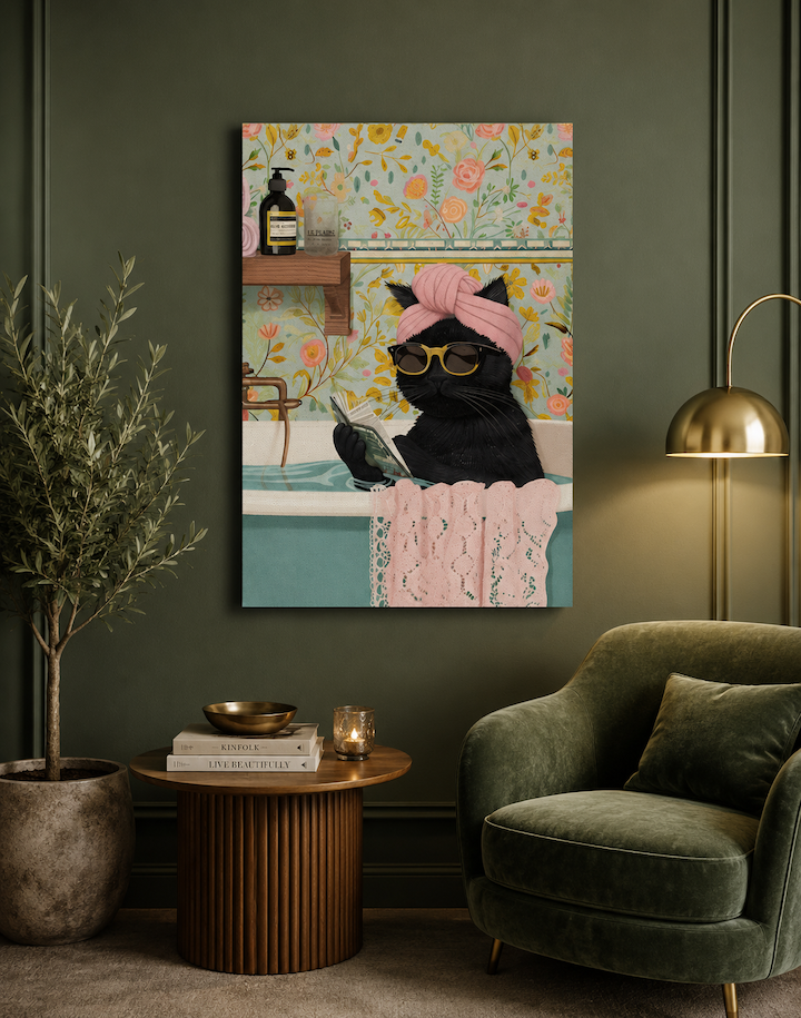 Decorative painting of a black cat wearing a pink turban and glasses on a floral wall, in a living room setting with a green armchair and side table.