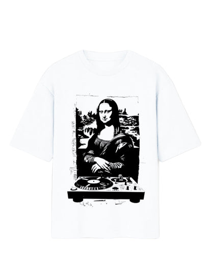 DJ Mona Lisa Oversized T-Shirt for Men & Women – Quirky Graphic Tee in 180 GSM 100% Cotton | Frolic Saga Street Pop Culture Tee