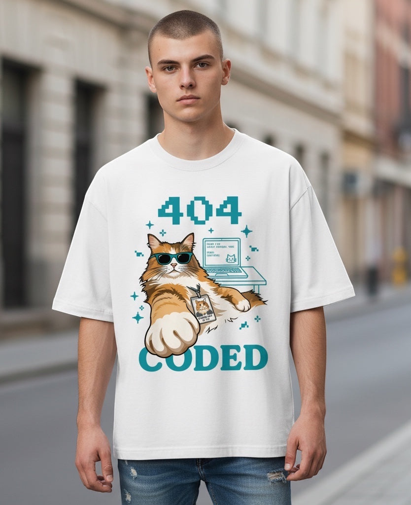Frolic Saga off white 240 GSM French Terry t-shirt with a graphic of a cat wearing sunglasses and a "404 Coded" design.