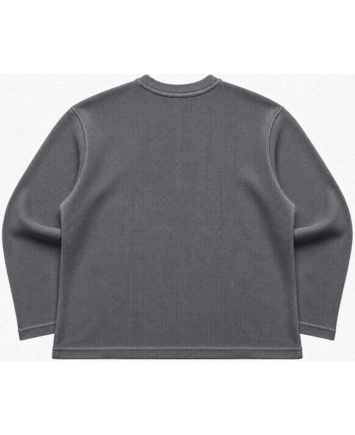 Acid washed charcoal grey waffle knit oversized full sleeve tee, back view - Frolic Saga Bare Minimum